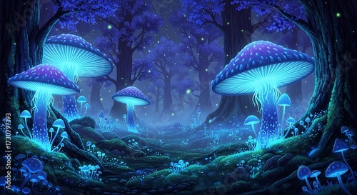 Enchanting bioluminescent mushroom forest glows with magical blue light, creating a mystical and dreamy atmosphere for fantasy and nature themes.