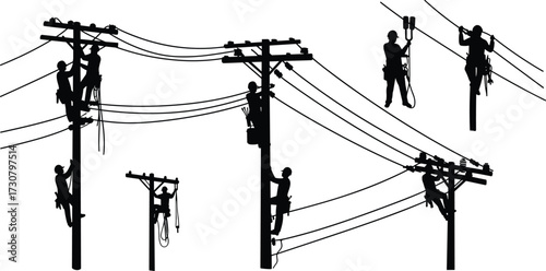 Electricians climbing poles, repairing power lines, professional linemen working outdoors, electrical maintenance service, safety gear workers, utility energy repair, high voltage