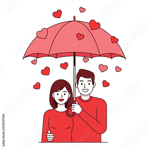 Romantic Couple Sharing Love Under Heart Umbrella Illustration
