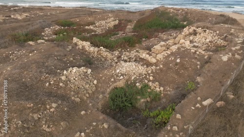 Aerial View of Tel Shikmona Ancient Ruins on Mediterranean Coastline Israel