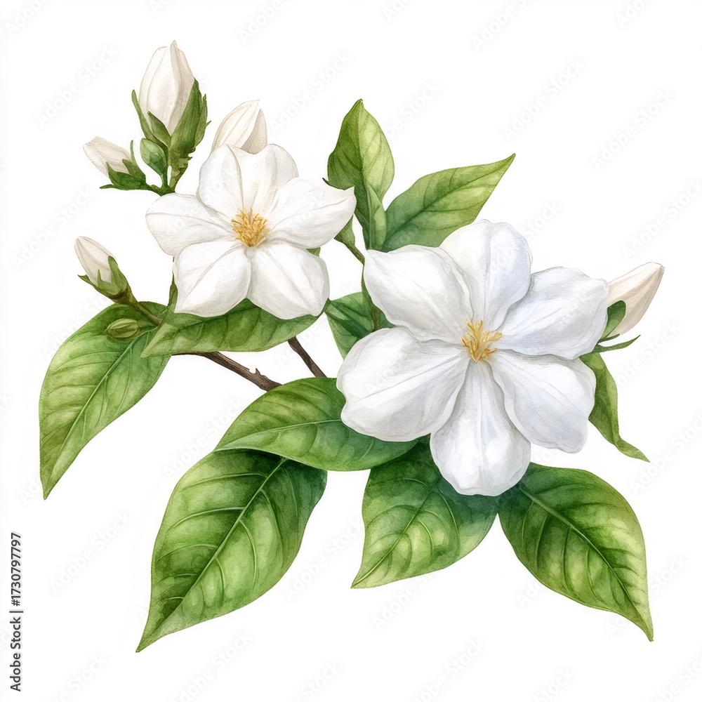 Fototapeta premium 白いジャスミンの花と緑の葉のイラスト