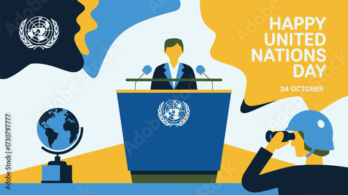 Vector art of united nations day celebration with a speaker at a podium, a globe, and a person observing, symbolizing global communication and observation