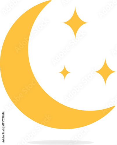 Golden crescent moon and sparkly stars on a white background
