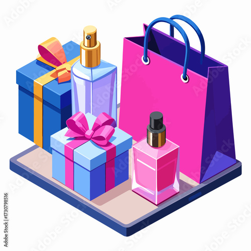 A delightful collection of luxurious perfumes and beautifully wrapped gift boxes, perfect for any occasion, displayed with a vibrant shopping bag