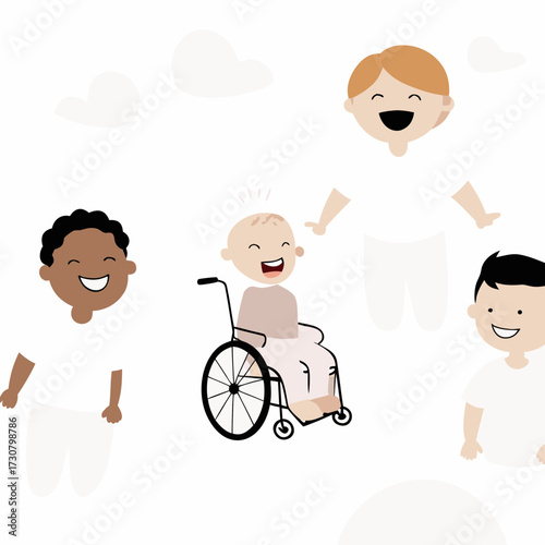 Boy in wheelchair laughing with friends, happy, in a simple modern illustration style