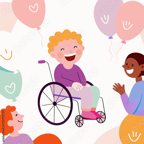 Boy in wheelchair laughing with friends, joyful, in a colorful modern illustration style, with copy space