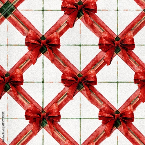 a beautiful seamless pattern featuring watercolor plaid christmas themed with red bows