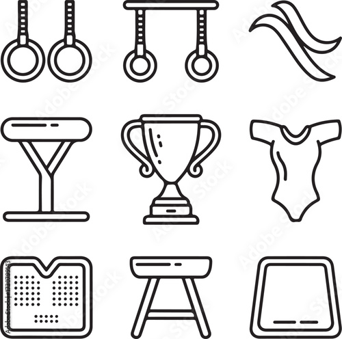 Gymnastics Competition Vector Icons – Rings, Parallel Bars, Beam, Vault, Ribbon, Leotard, Trophy, Scoreboard, and Mat Collection