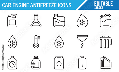 Vehicle Cooling Icons — Modern Outline Symbols for Antifreeze, Temperature, and Safety