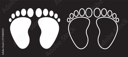 Baby feet silhouette icon set, minimalist vector illustrations symbolizing newborn life, family bonding, infant care, baby announcements, healthcare concepts, and professional digital. EPS 10.