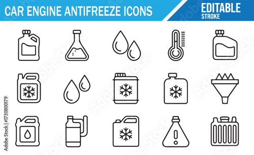 Coolant Containers & Tools Icons — Beaker, Flask, Funnel, Hose, and Reservoir Line Set