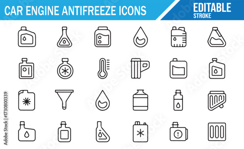 Antifreeze & Coolant Line Icons — Radiator Service, Bottles, Thermometers, Funnels, and Safety