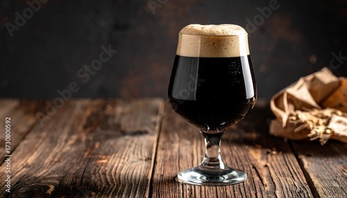 Dark Beer in Glass on Wooden Table.