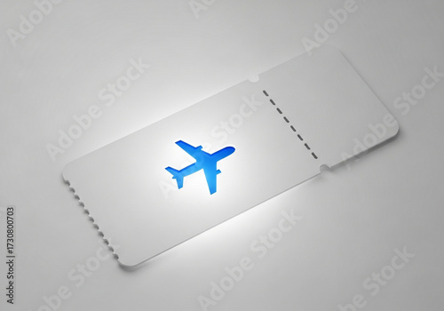 Blank airplane ticket with blue airplane icon isolated on white background