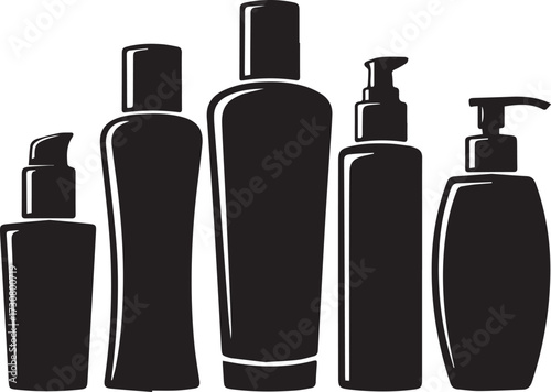 Silhouettes of cosmetic bottles showcasing skincare and beauty product packaging design