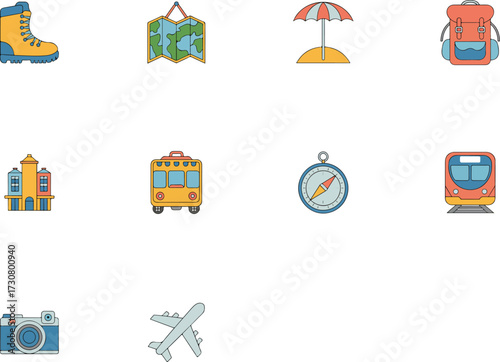 Collection of colorful travel and vacation icons on a white background for design elements