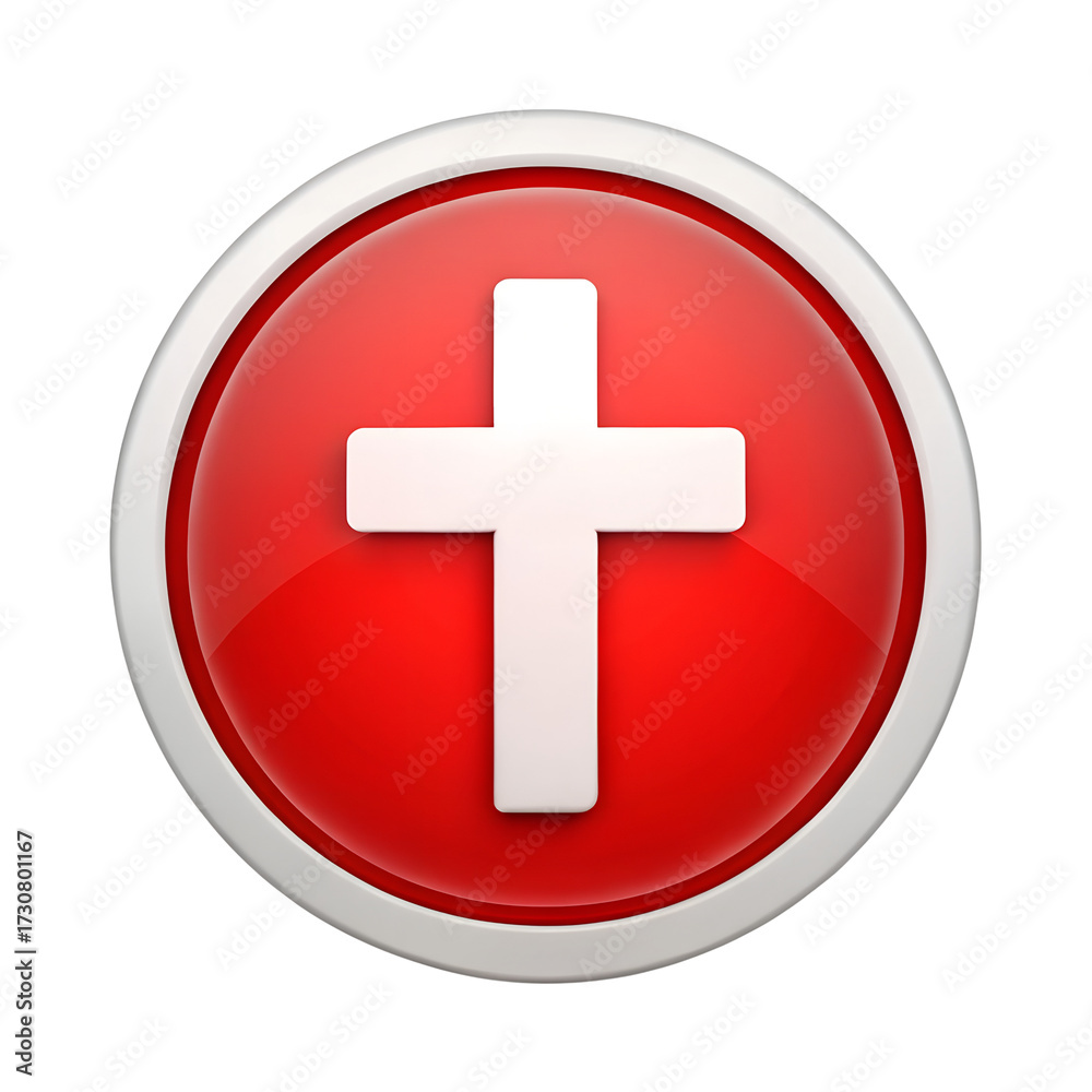 Fototapeta premium Red Glossy Button with White Christian Cross on transparent background