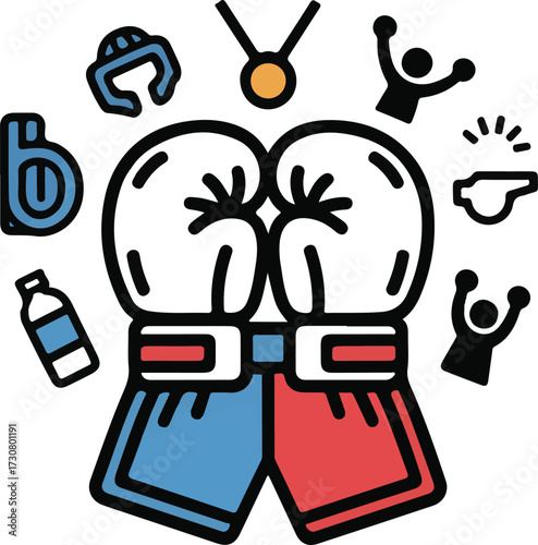 Kids MMA League Vector Icons Mini Gloves, Youth Shorts, Headgear, Mat, Water Bottle, Medal, Coach Whistle, and Cheer Celebration Outline Collection