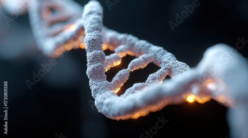 A close-up of a DNA helix made of glowing, interconnected nodes, representing genetic engineering and data.