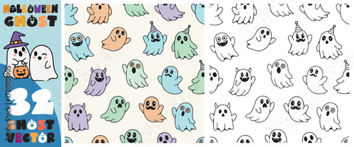 Collection of thirty two cute and spooky cartoon ghost illustrations in various poses and styles for halloween decorations and designs