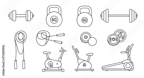 Line art illustration of various gym equipment for fitness and exercise