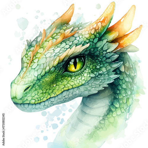 Dragon Head, watercolor illustration vector, isolated on a white background.