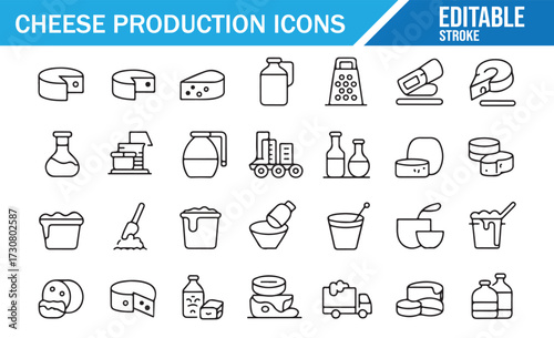 Food Industry Icons — Cheese Production, Containers, Mixers, Conveyor, and Delivery