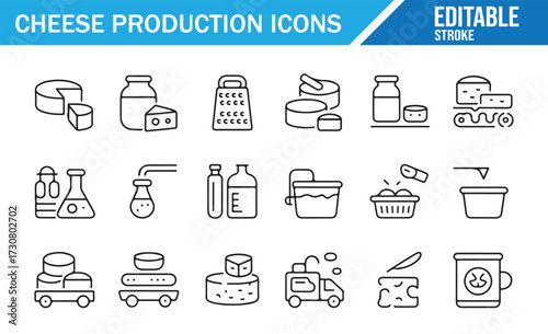 Dairy Processing Icon Collection — Pasteurization, Rennet, Grater, Wheel, and Wedge