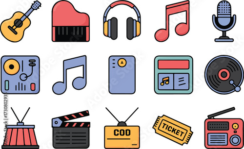 Collection of cute icon illustrations depicting music instruments and entertainment elements