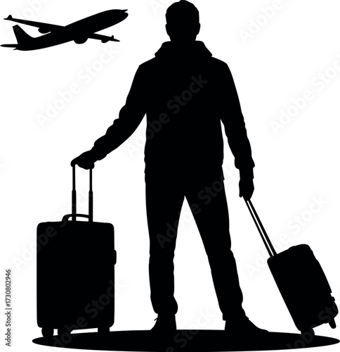 Silhouette traveler with luggage and airplane suitcase