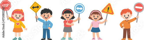 Cartoon children holding traffic signs, educational road safety illustration with stop, warning and direction symbols, learning vector design for school, kids safety awareness