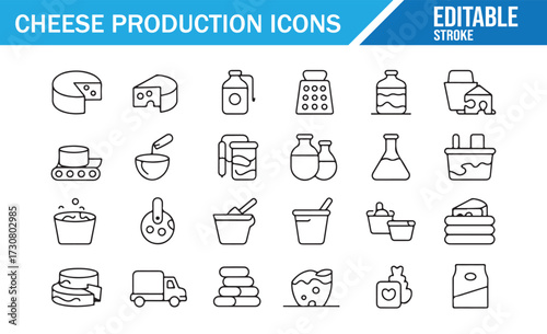 Cheese Factory Outline Icons — Production, Conveyor, Buckets, Vats, and Grating Tools
