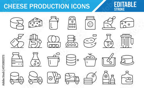 Cheese Production Icons — 25 editable stroke line symbols for dairy, milk processing, fermentation, curd and whey, vats, molds, grater, packaging, delivery, and assorted cheese styles on white backgro