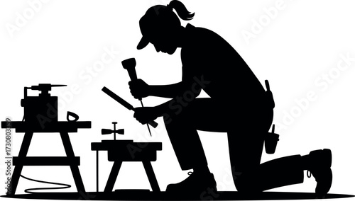 Black silhouette of person woodworking tools chisel