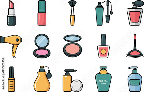 Collection of minimalistic beauty and makeup products illustrations in a colorful flat style