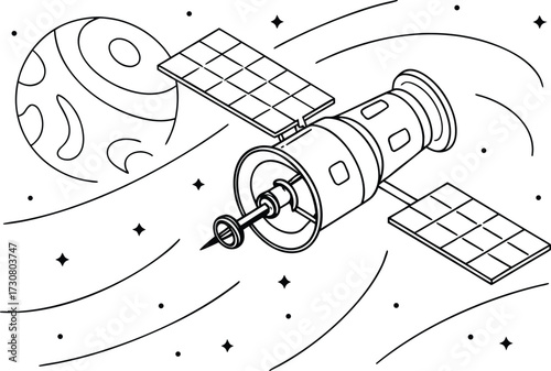 Satellite Orbiting a Planet in Space Black and White