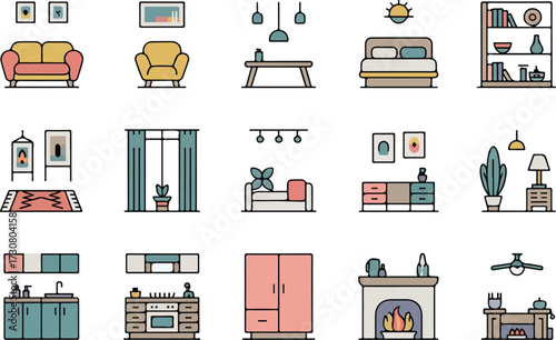 Collection of modern hand drawn interior design elements and icons for home decor