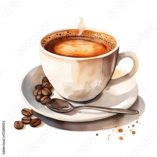 白背景にコーヒー豆と白いコーヒーカップ水彩画