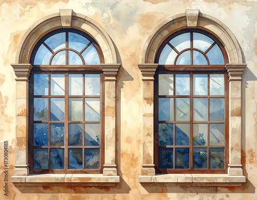 Arched Windows: Elegant arched windows adorn a sunlit facade, reflecting the serene daylight and adding architectural charm and historic ambiance.