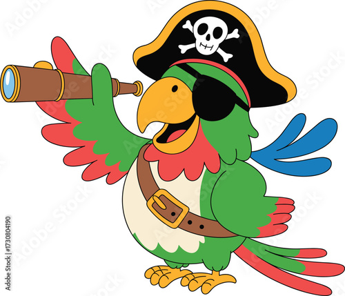 Cartoon pirate parrot with telescope, funny colorful bird character in pirate hat, eye patch, belt, adventure illustration, kids fantasy design, vector art