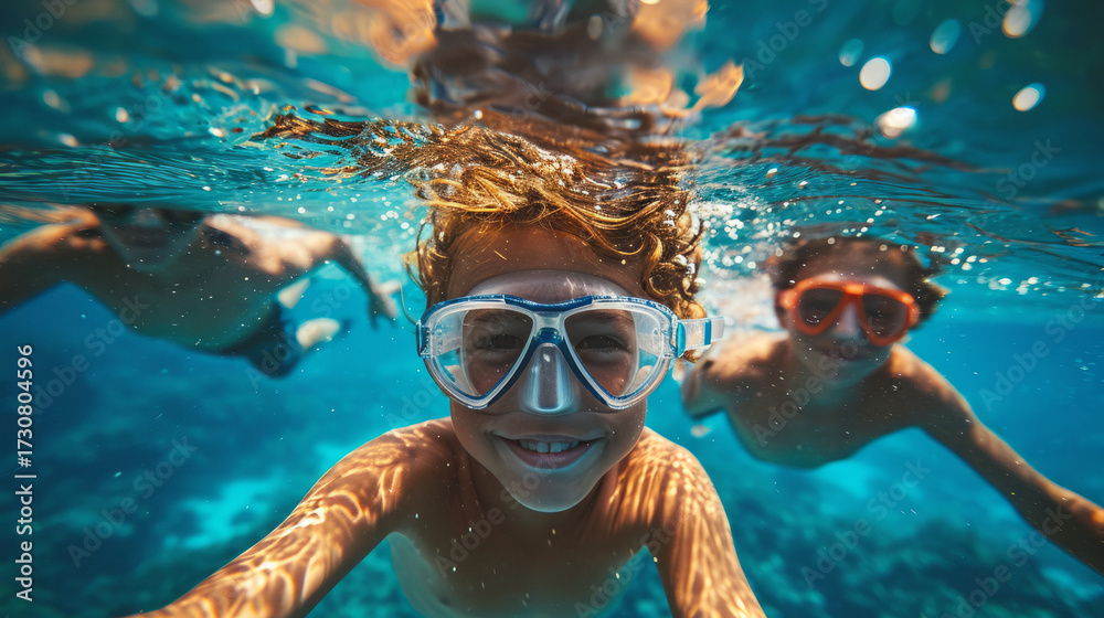 Naklejka premium Children scuba diving underwater in a beautiful island beach