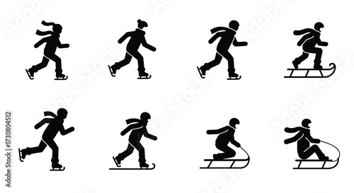 Silhouettes of people skating and sledding in winter activities