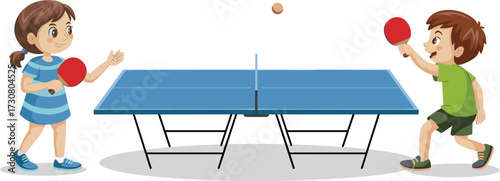 Children playing table tennis illustration, boy and girl holding rackets, ping pong game vector design, kids sports activity, fun competition, flat cartoon style