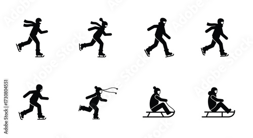 Silhouettes of people enjoying winter activities like skating and sledding