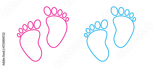 Baby footprints silhouette and outline vector illustration, infant foot prints icon set in solid and line art style isolated. EPS 10.