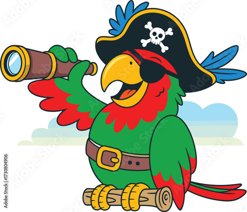 Colorful cartoon pirate parrot with telescope, eyepatch and hat, funny bird mascot character, tropical adventure illustration, vector isolated design, children theme