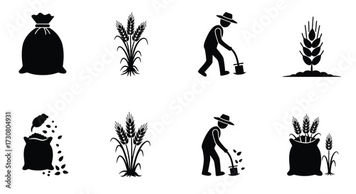 Agriculture icons depicting wheat farmers grain sacks and related farming tools