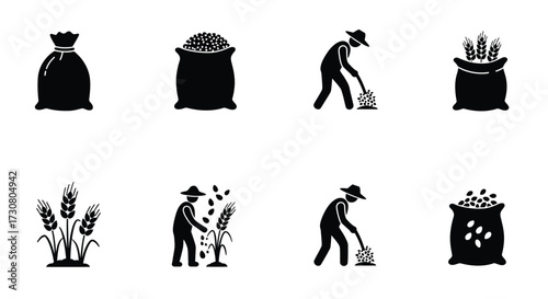 Harvesting grain and storing crops a collection of simple black silhouettes
