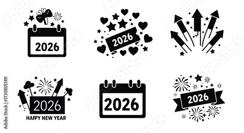 New year 2026 celebration elements with fireworks calendars and hearts