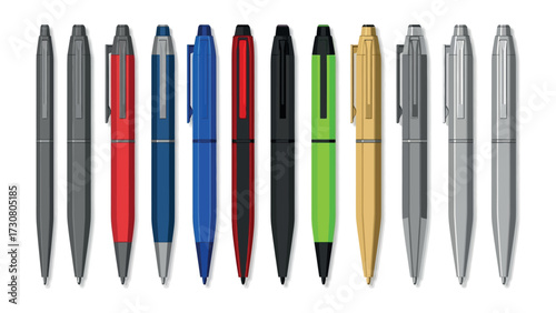 Array of Vibrant Pens in a Row: A meticulously arranged line of modern, colorful pens, each displaying a distinct hue and design.